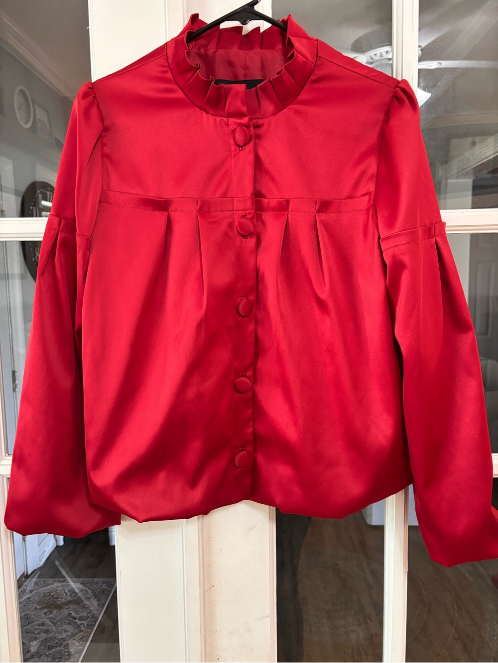 Apostrophe Red Ruffle-Neck Button Jacket